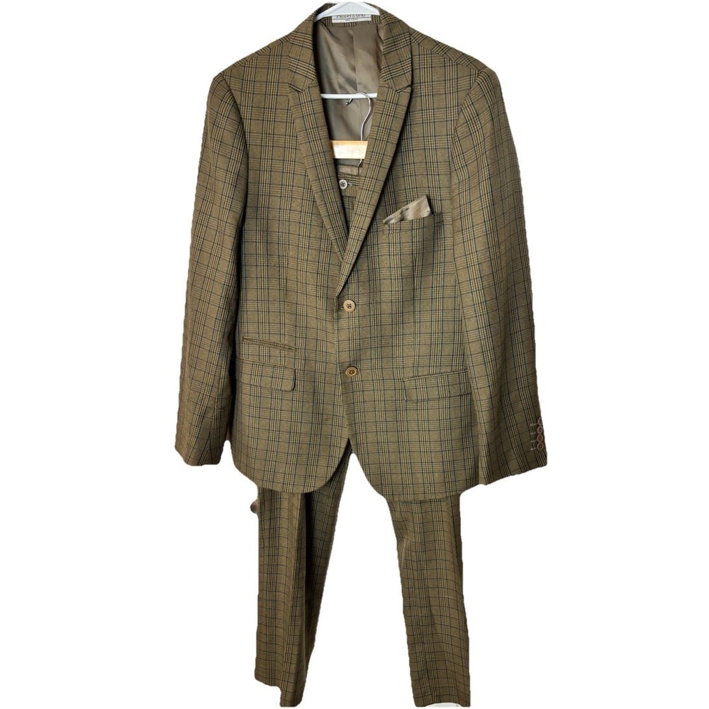 Paisley & Gray Suit Mens 40 Slim Jacket  Green & Brown Plaid 32x31 Pants Dapper
